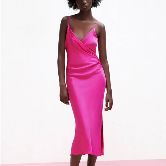Zara DRAPED CAMISOLE SATIN MIDI DRESS w/ Side Slit PINK NEW - Picture 10 of 16